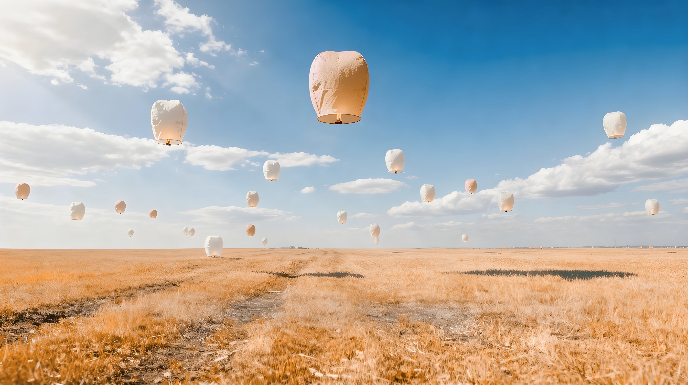 Illustration: paper sky lanterns rising into a dark sky over an empty field, one lantern higher and brighter than the rest.