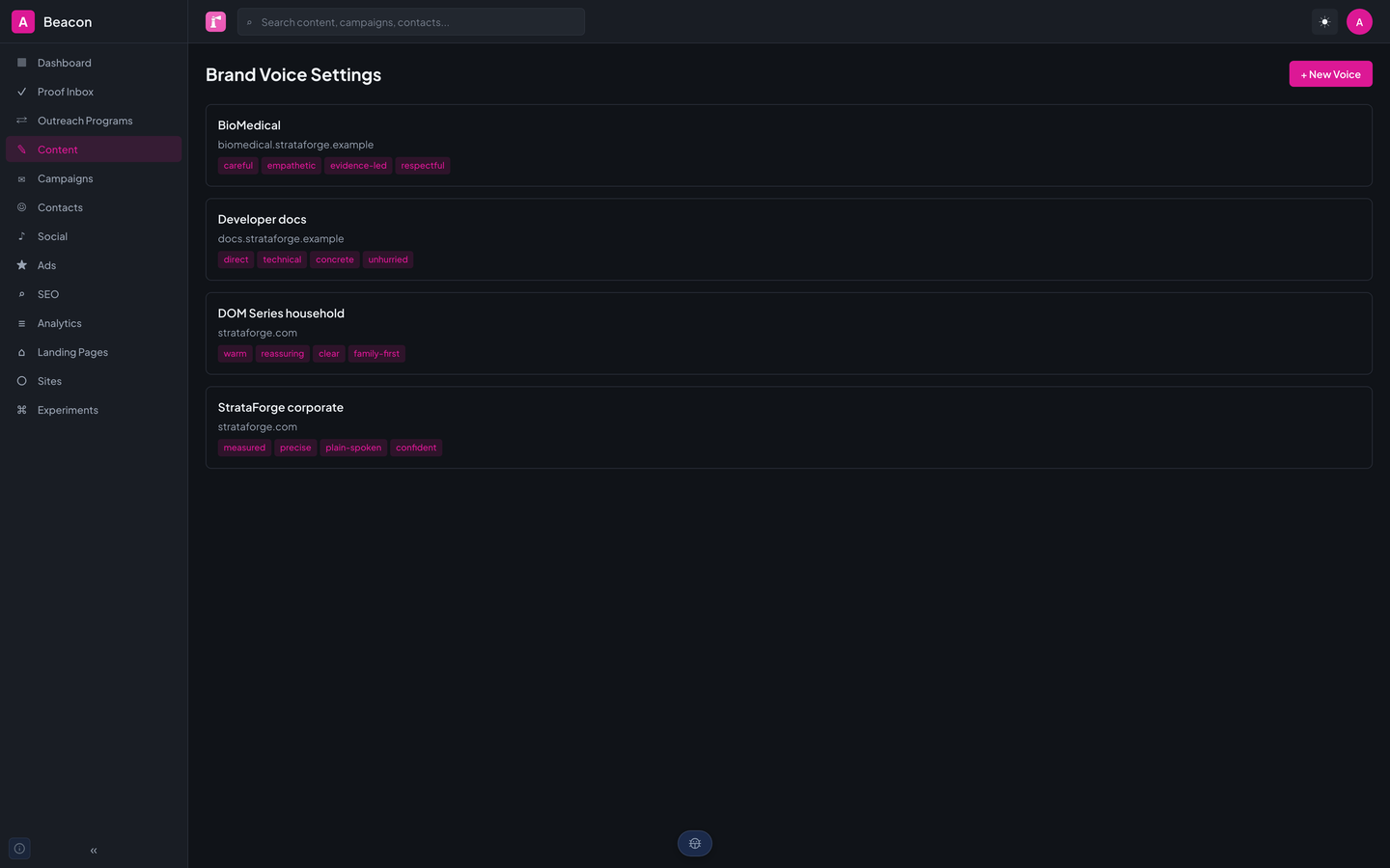 Beacon's brand voice settings with four profiles, each listing tone descriptors, words to use and avoid, and example snippets.