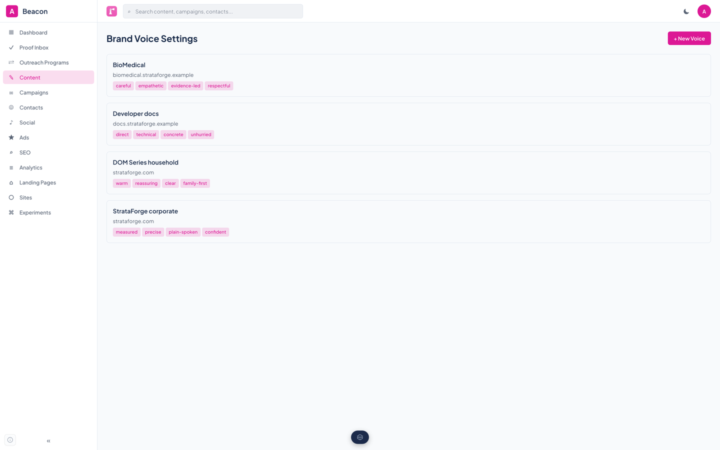 Beacon's brand voice settings with four profiles, each listing tone descriptors, words to use and avoid, and example snippets.