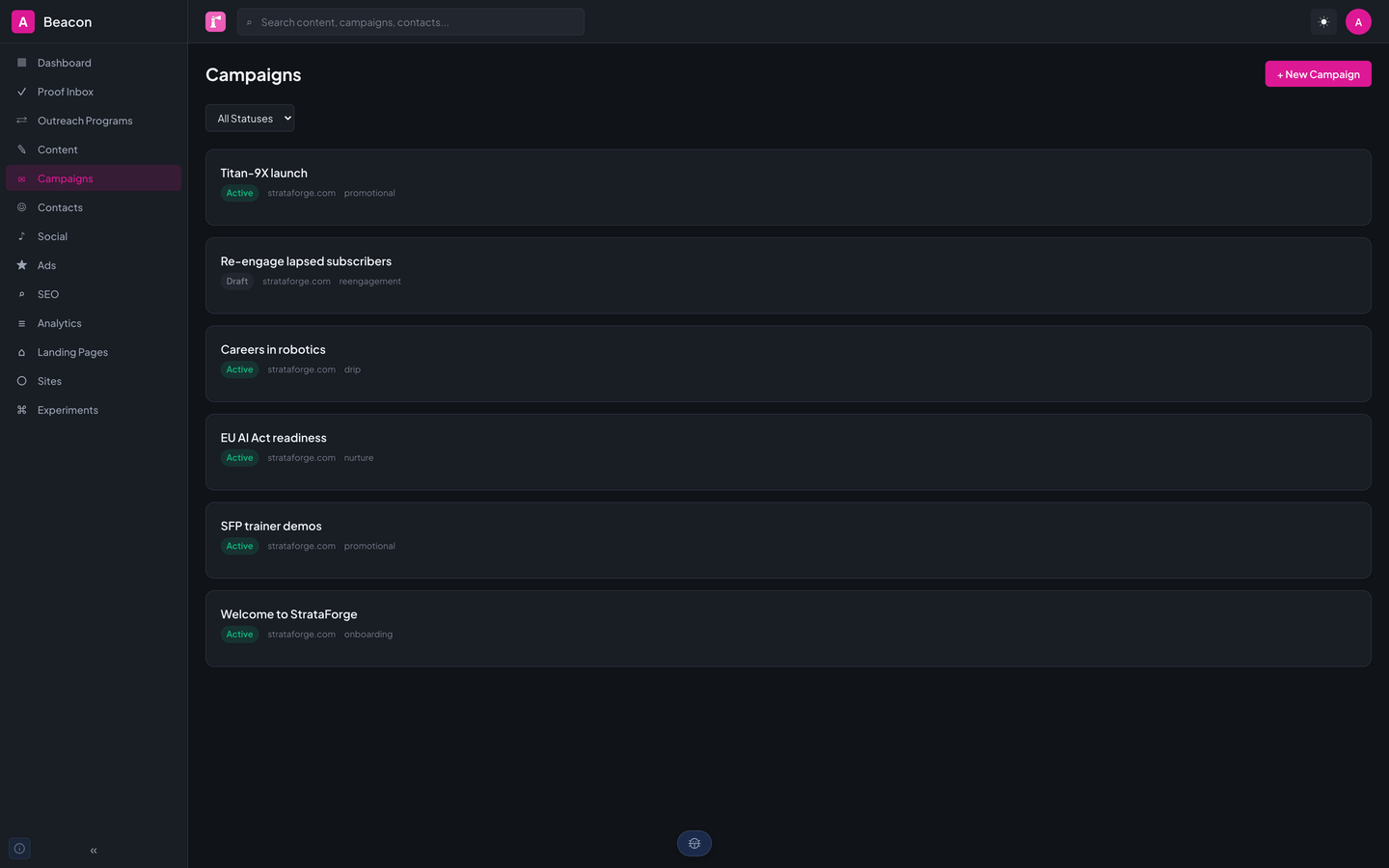 Beacon's campaigns list: five active email campaigns and one draft, each with its status, brand property, and campaign type.