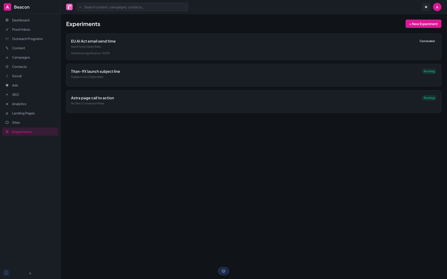 Beacon's experiments list with one concluded send-time test and two running tests.