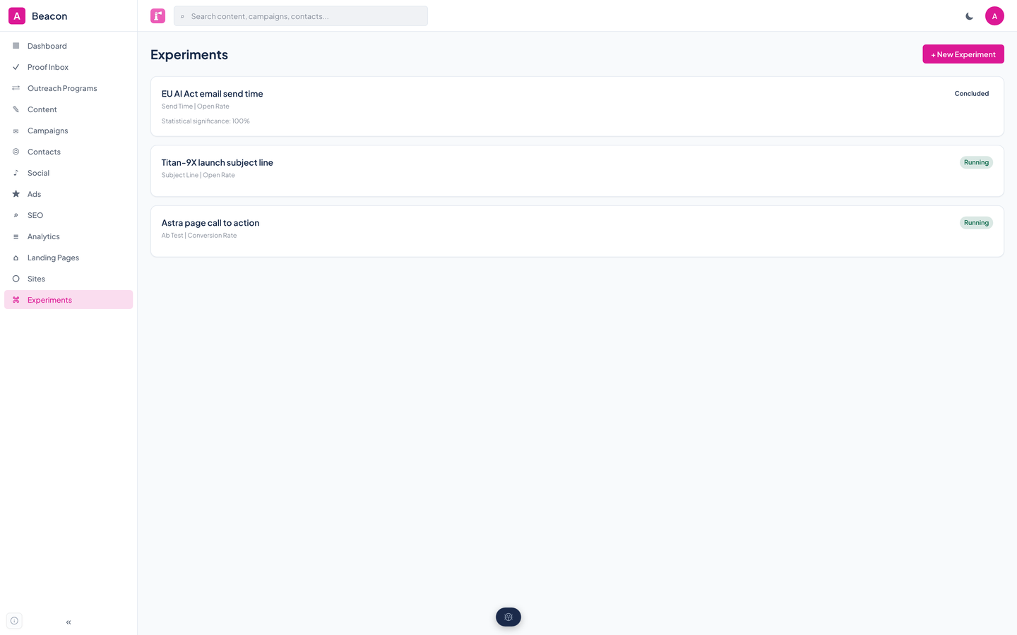 Beacon's experiments list with one concluded send-time test and two running tests.