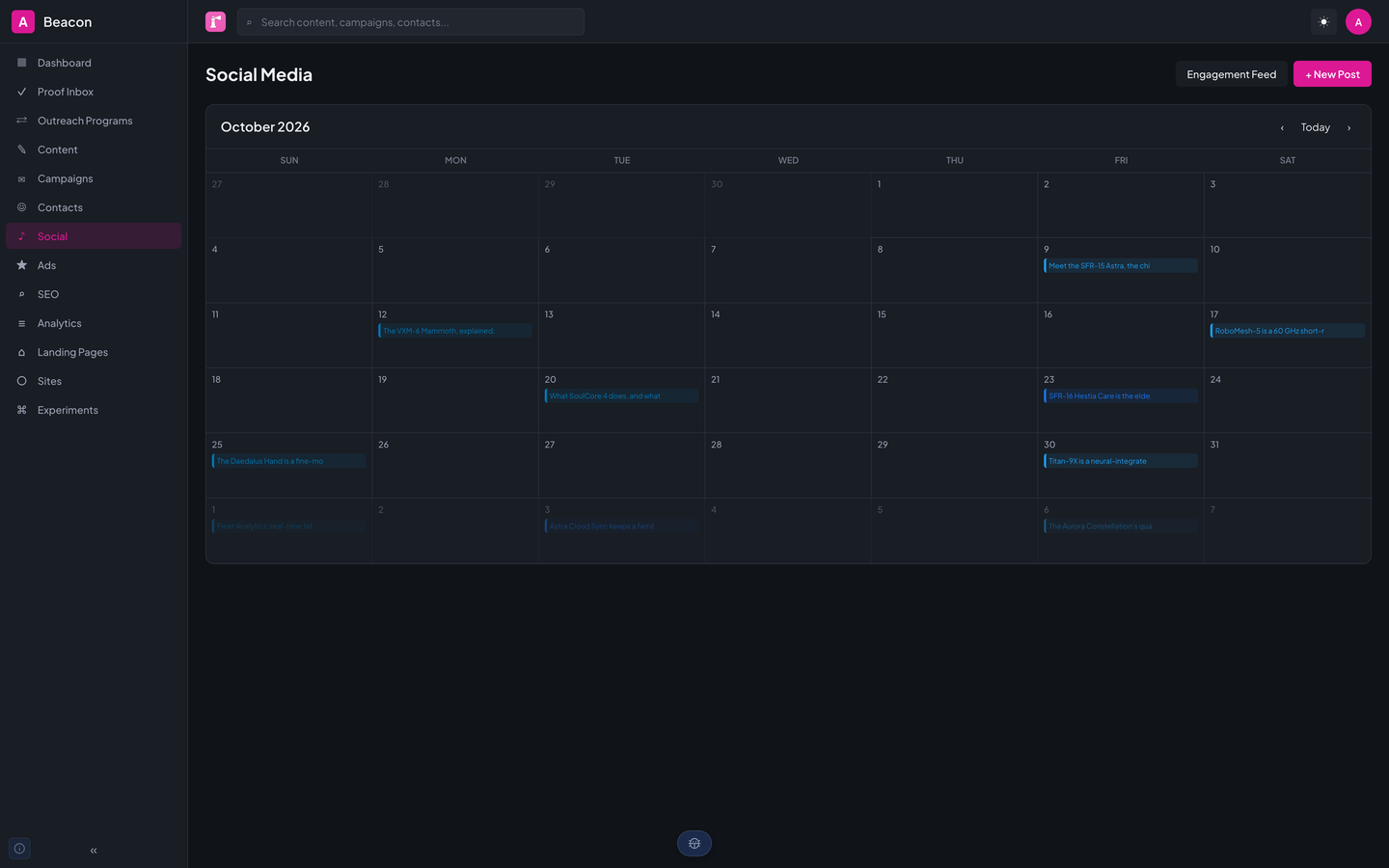 Beacon's social calendar for October: published posts on Twitter, LinkedIn, and Meta, and scheduled posts in the days ahead.